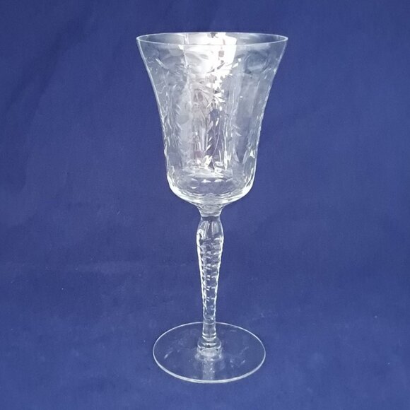 Vintage Crystal Wine Goblet With Etched Floral Design & Twisted Stem - Picture 1 of 15